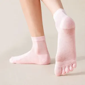Pink mulberry silk five toe socks for women, breathable mesh summer mid-calf socks.
