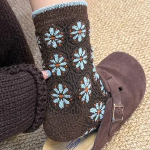 Vintage wool knit socks for women with cute blue floral pattern mid tube winter warm
