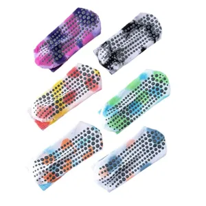 Tie-dye grip socks for yoga and pilates with anti-slip silicone dots for indoor fitness.