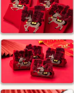 Red autumn winter new year mid tube socks with horse design details and plush texture.