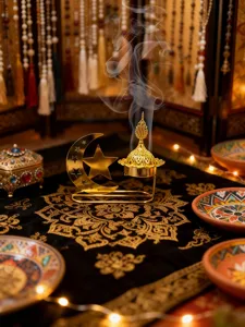 Detailed view of golden hollow star and crescent incense burner with rising aromatic smoke.