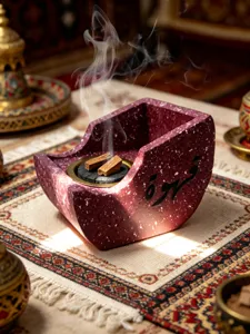 Resin boat-shaped incense burner with Arabic calligraphy, perfect for home aromatherapy decor.
