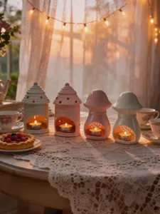 Porte-bougies creux en céramique, designs mignons de champignons et de maisons pour table.