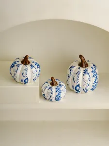 Ceramic blue and white porcelain pumpkin ornament set, Nordic desktop decor for autumn home.