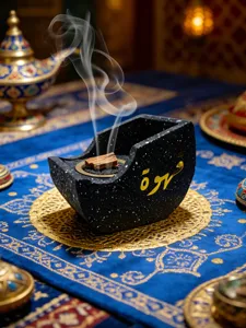 Creative resin boat incense burner with Arabic calligraphy for unique home decor and healing.