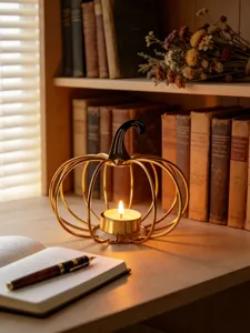Metal pumpkin candle holder for Halloween decor, iron tealight holder for home desktop.