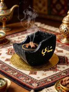 Detailed view of the resin boat-shaped incense burner featuring Arabic calligraphy and smoke.