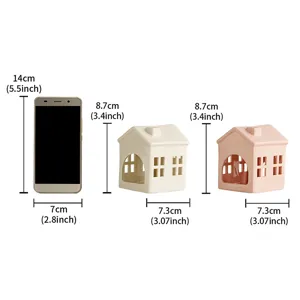 Ceramic hollow house candle holder set, minimalist modern desktop decor for home and wedding.