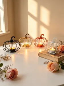Iron pumpkin candle holders set, decorative tealight holders for home table decor.