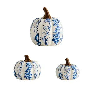 Blue and white ceramic pumpkin decor set, porcelain floral pattern, elegant home tabletop ornament.