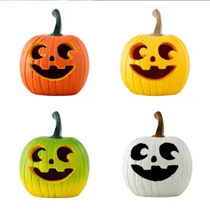 Halloween resin pumpkin ornaments, set of four colorful desktop decorations for harvest.