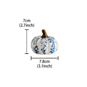 Ceramic blue and white porcelain pumpkin ornament detailed view showing product dimensions.