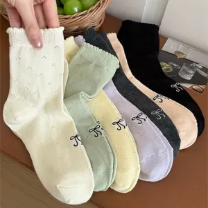 Sweet Ballet Style Hollow Bow Solid Color Jacquard Women Mid-Tube Socks Summer Thin Mesh Casual Cute Hosiery
