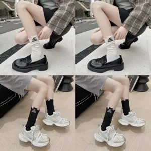 Women spring autumn distressed embroidered stack socks fashion casual breathable hosiery