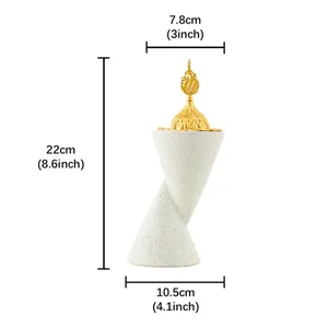 Dual cone resin incense burner detail showing product dimensions, height 22cm, width 10.5cm.