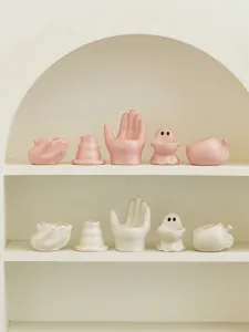 Cute ceramic candle holder set minimalist desktop decor in pink and white creative design.