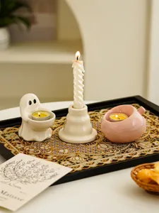 Cute ceramic candle holder set, creative ghost and pumpkin tealight cups for home desktop decor.