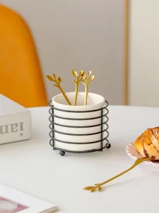 Ceramic tableware storage jar with gold leaf spoons and iron rack for desktop organizer