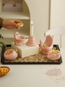 Cute pink ceramic candle holders set, creative ghost and hand shape tea light candle stands.