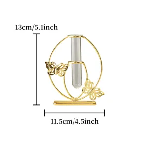 Goldene Eisen-Glas-Reagenzglas-Vase Detailansicht, nordischer Schmetterlings-Blumenbehälter.