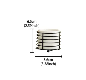 Detailed view of the ceramic storage jar with black metal frame, showing exact dimensions.