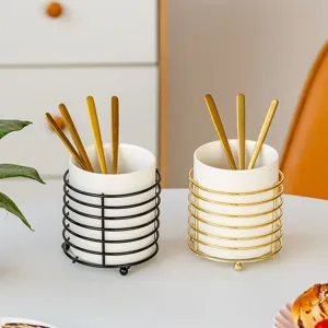 Minimalist Ceramic Tableware Storage Tube Chopsticks Holder With Iron Wire Stand Gold Black Large Small Desktop Organizer For Kitchen Home