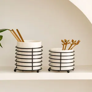Ceramic chopstick holder set, modern wire desktop storage jar for kitchen tableware and spoons.