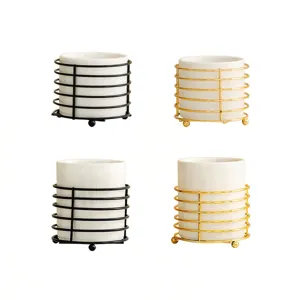 White ceramic storage jar with metal wire stand desktop organizer for cutlery spoon chopstick holder
