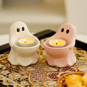 Cute ceramic ghost candle holders set, creative small tealight candle cups for home decor.