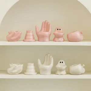 Cute ceramic candle holder set aesthetic desktop decor pink white creative hand ghost shaped