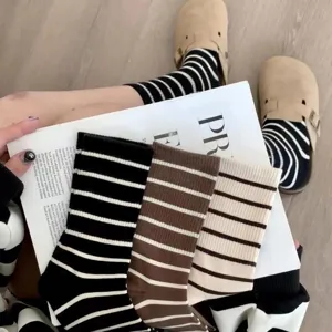 Detail view of classic striped mid-calf socks, featuring soft cotton knit and cozy design.