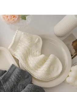 Close-up detail of summer thin mesh lace women socks, breathable hollow out design aesthetic.