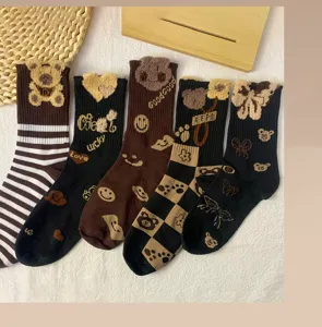Cute autumn winter women mid-tube socks black brown plush bear pattern sweet fashion casual socks