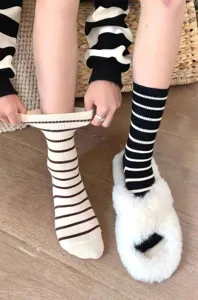 Striped mid-calf socks for women, vintage casual cotton hosiery, cute aesthetic fashion wear.