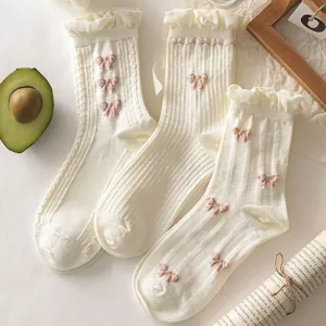 White lace bow mid-tube socks for women, spring summer thin breathable college style cute socks.
