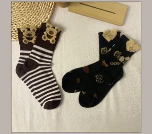 Cute plush bear mid-calf socks winter warm casual knit hosiery detail features plush decor