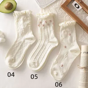 White ruffle mid-tube socks detail, thin breathable knit design, stylish college style.