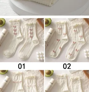 White ruffle bow socks for women, cute sweet college style mid-calf cotton hosiery. Perfect.