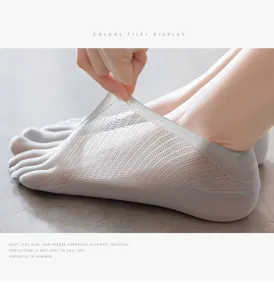 Close-up detail of summer thin mesh five-finger toe socks, breathable no-show design.