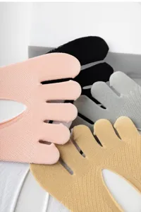 Detailed view of summer breathable women five toe socks, non-slip split toe design in multi colors.