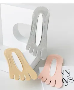 Detail view of summer thin five toe low cut socks in grey, beige and pink colors, soft.