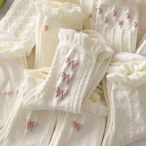 Women's Preppy Style Cotton Blend Crew Socks With Ruffle Lace And Bow Embroidery Breathable Spring Summer Long Socks