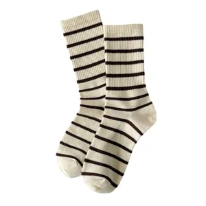 Classic beige and brown striped mid-tube socks, casual college style cotton fashion socks.