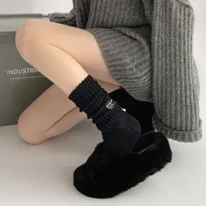Japanese style crew socks thick knit towel bottom black casual socks for men and women