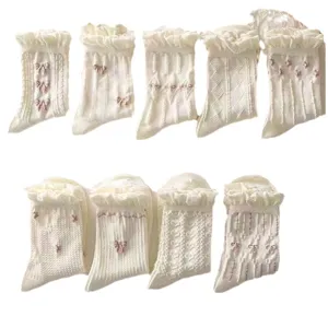 White lace bow mid tube socks for women, cute sweet college style breathable summer cotton socks