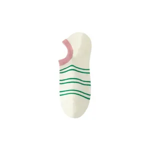 Women's short boat socks with pink ribbed cuff and green stripes, comfortable daily wear.