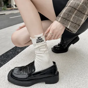 Women distressed socks ribbed stacked embroidered fashion casual comfortable cotton autumn socks