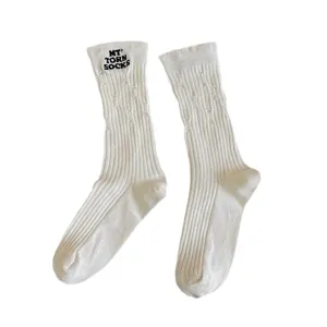 White distressed ribbed long socks for women, trendy embroidered casual knee high socks.