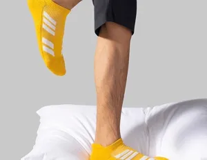 Men's short terry sports socks in yellow with white stripes, anti-slip running shock-absorbing.
