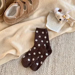 Women brown polka dot mid-calf socks thick warm winter cute cozy vintage thermal hosiery